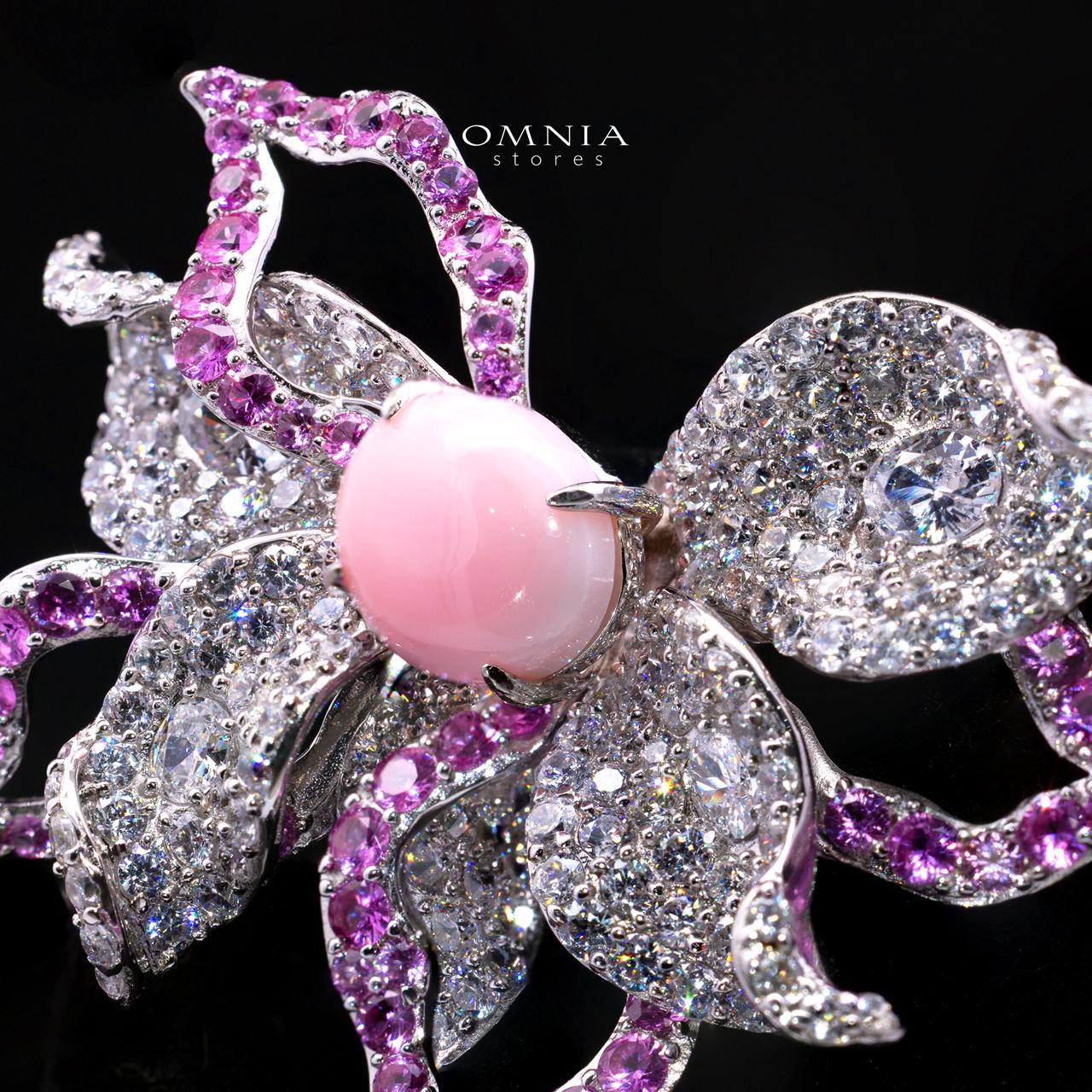 Nooriya Pink Pearl Floral Brooch with High-Quality Premium Simulated Diamonds in 925 Sterling Silver