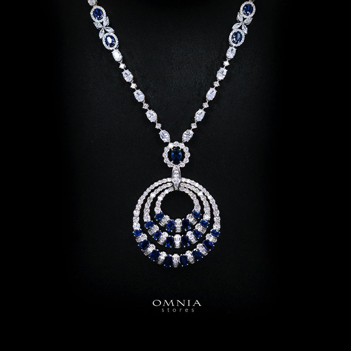 Selestine Blue Long Chain Necklace and Earring Set with High-Quality Simulated Diamonds and Rhodium Plating