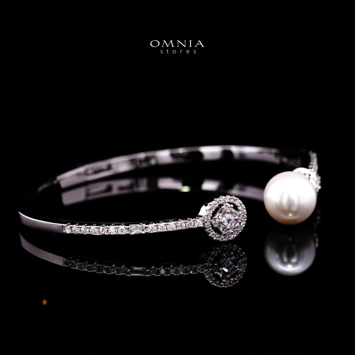 Nilda Pearl Bangle & Ring Set with Premium Simulated Diamonds in Rhodium-Plated Alloy