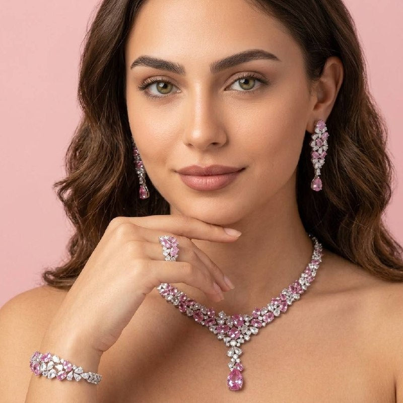 Omnia Reman Pink Full Set in High Quality Zircon Stone in Rhodium Plated