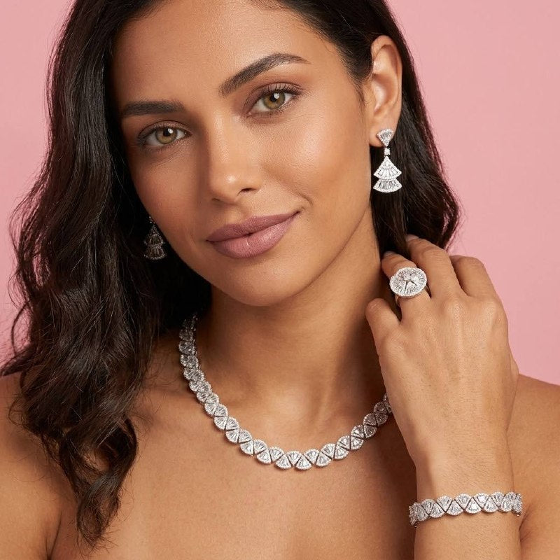 Sumaya White Bridal Full Jewelry Set – High Quality Zircon Stone Premium Rhodium-Plated