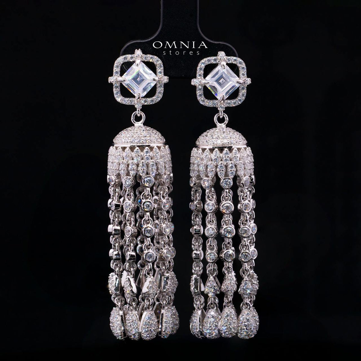 Emaniya White Long Chain Necklace and Earring Set with High-Quality Premium Simulated Diamonds in 925 Sterling Silver