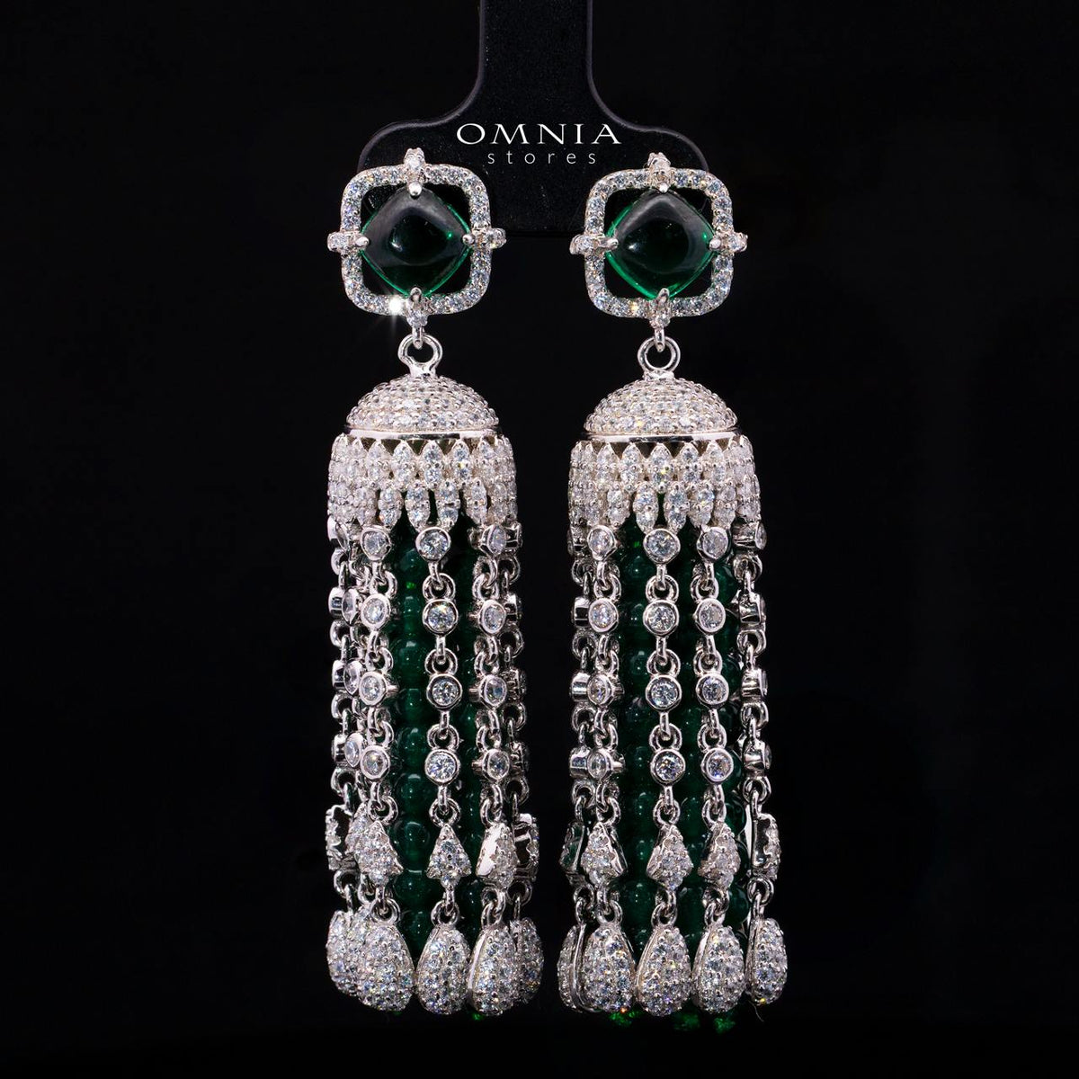 Emaniya Green Long Chain Necklace and Earring Set with High-Quality Premium Simulated Diamonds in 925 Sterling Silver