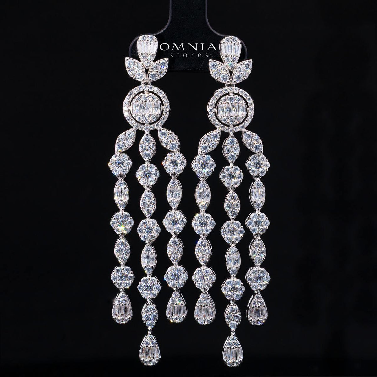 Avena White Long Chain Necklace and Earring Set with High-Quality Simulated Diamonds and Rhodium Plating