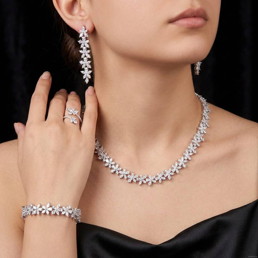 Omnia Zoey Luxury Bridal White Full Set in High Quality Zircon Stone Rhodium Plated